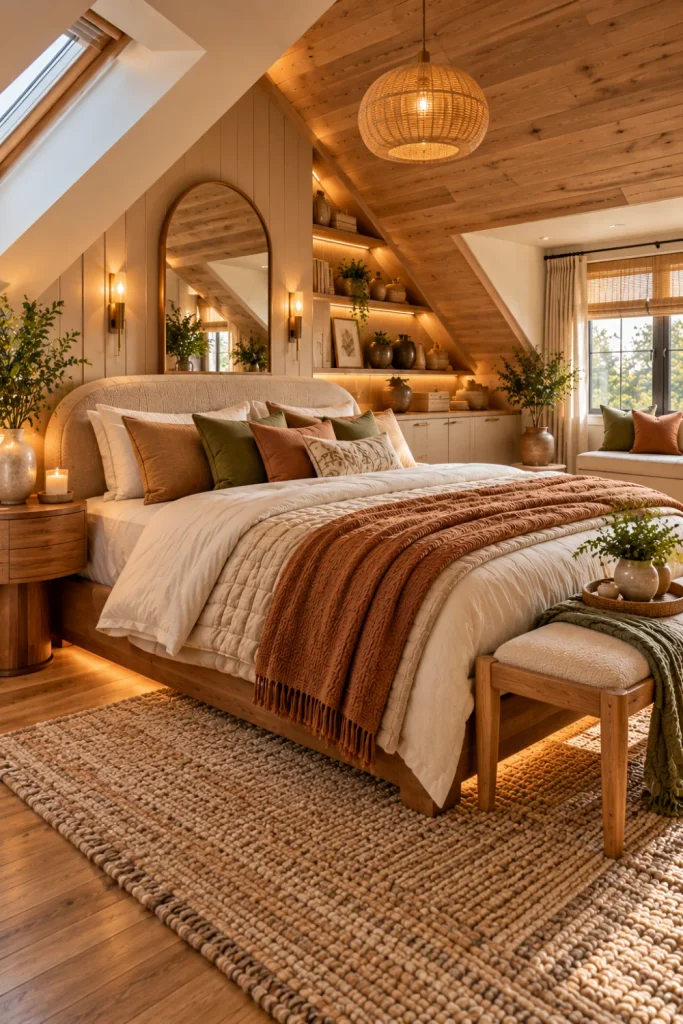 Natural wood attic bedroom retreat with linen bedding, warm neutral colors, woven rug, walnut furniture, rounded mirror, eave storage, and soft lighting.