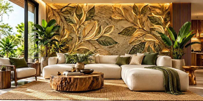 Nature-inspired accent wall ideas for modern luxury featuring a sculptural botanical stone wall, warm ambient lighting, lush green plants, a cream sectional sofa, and natural wood decor for an elegant organic modern living room.