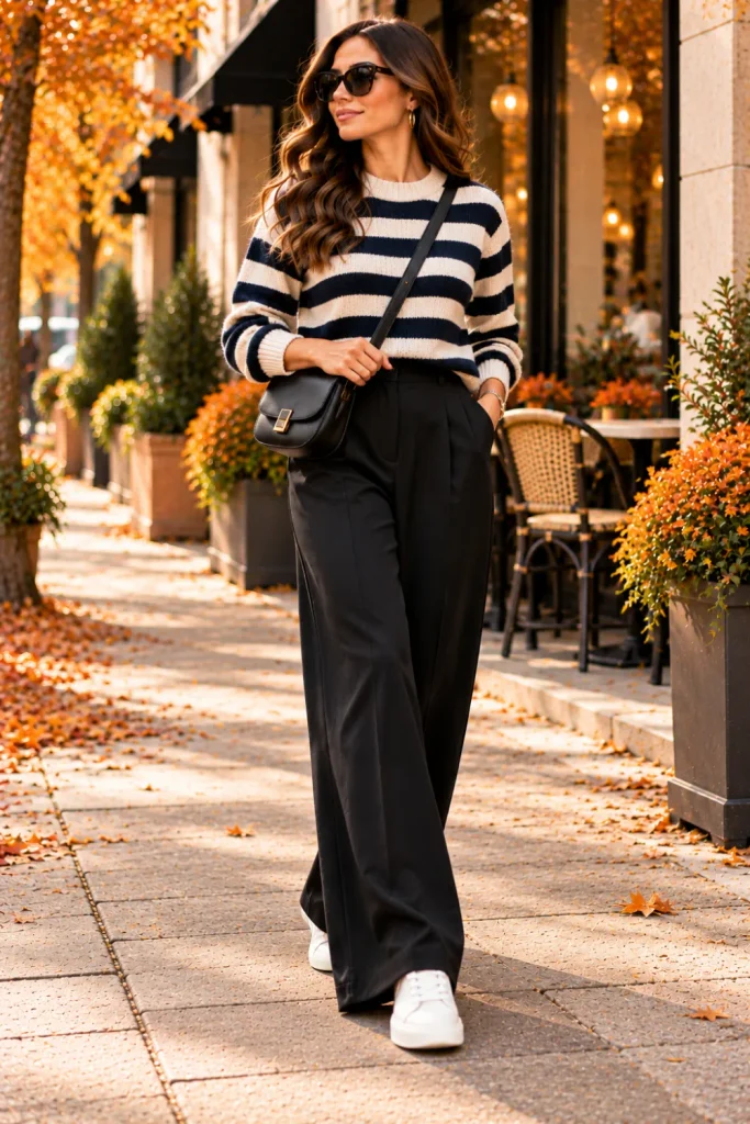Navy-and-cream striped knit sweater with black wide-leg trousers, white sneakers, and a black crossbody bag for a modern fall outfit.