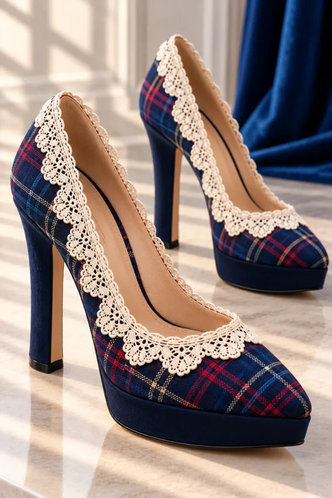 Navy plaid platform high heels with visible cream scalloped lace edging, elegant high heels, structured platforms, and modern vintage-inspired styling.