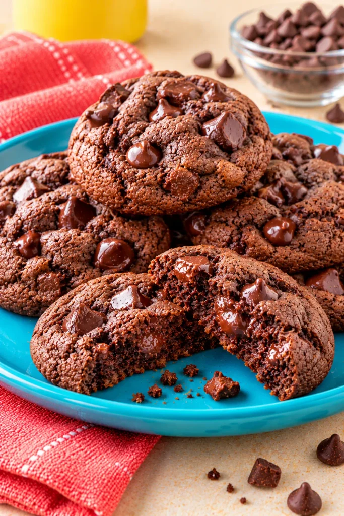 No-chill chewy chocolate cookies with rich cocoa flavor, soft fudgy centers, chocolate chips, and lightly crisp edges for a quick homemade dessert.