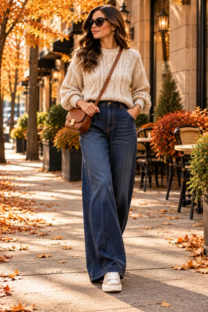 Oatmeal cable-knit sweater with dark-indigo wide-leg jeans, cream retro sneakers, and a cognac crossbody bag for a cozy, elegant fall outfit.
