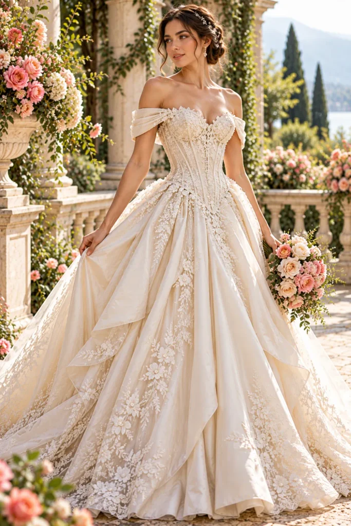 Off-the-shoulder ivory corset bridal gown with a structured bodice, softly draped neckline, delicate lace accents, and a flowing skirt in a romantic garden setting.
