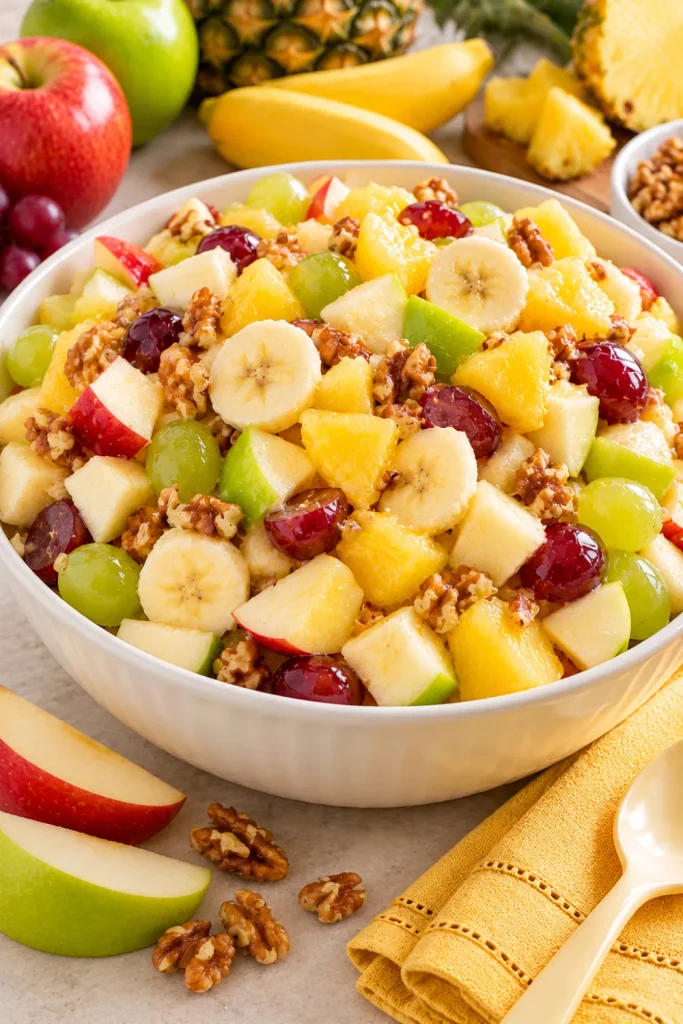 Old-fashioned apple, pineapple and banana salad with crisp diced apples, juicy golden pineapple chunks, fresh banana slices, optional grapes, and chopped walnuts in a serving bowl for vintage fruit salad recipes, picnics, and potlucks.