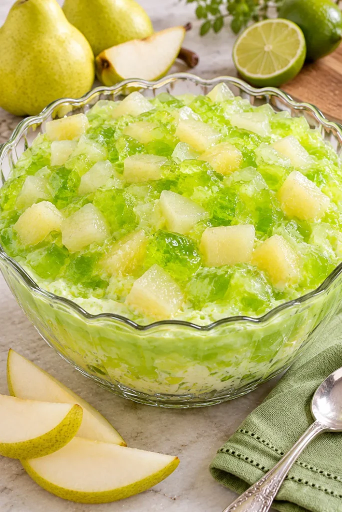 Old-fashioned pear and lime Jell-O salad featuring finely mashed pears in translucent green gelatin, styled in a glass serving bowl for vintage fruit salad recipes for potlucks, holidays, and parties.