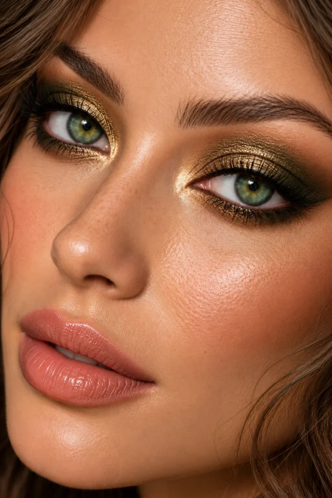 Olive and khaki eye makeup for green eyes featuring matte olive eyeshadow, metallic khaki shimmer, bronze-green accents, softly blended brown eyeliner, and dimensional earthy glam.