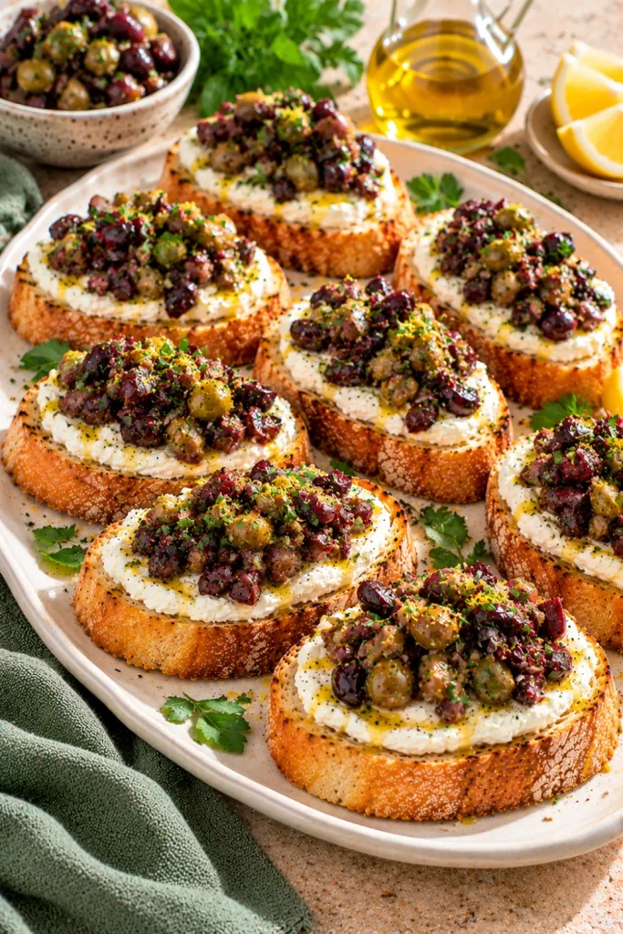 Olive tapenade and whipped feta bruschetta featuring creamy whipped feta, chopped green and black olives, lemon juice, olive oil, and crispy toasted baguette for bold Mediterranean appetizers.