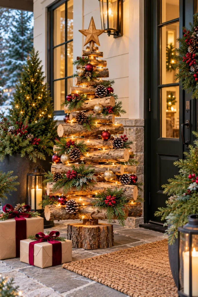 An outdoor rustic log Christmas tree decorated with warm white fairy lights, pinecones, and evergreen branches on a modern farmhouse porch with festive winter planters.