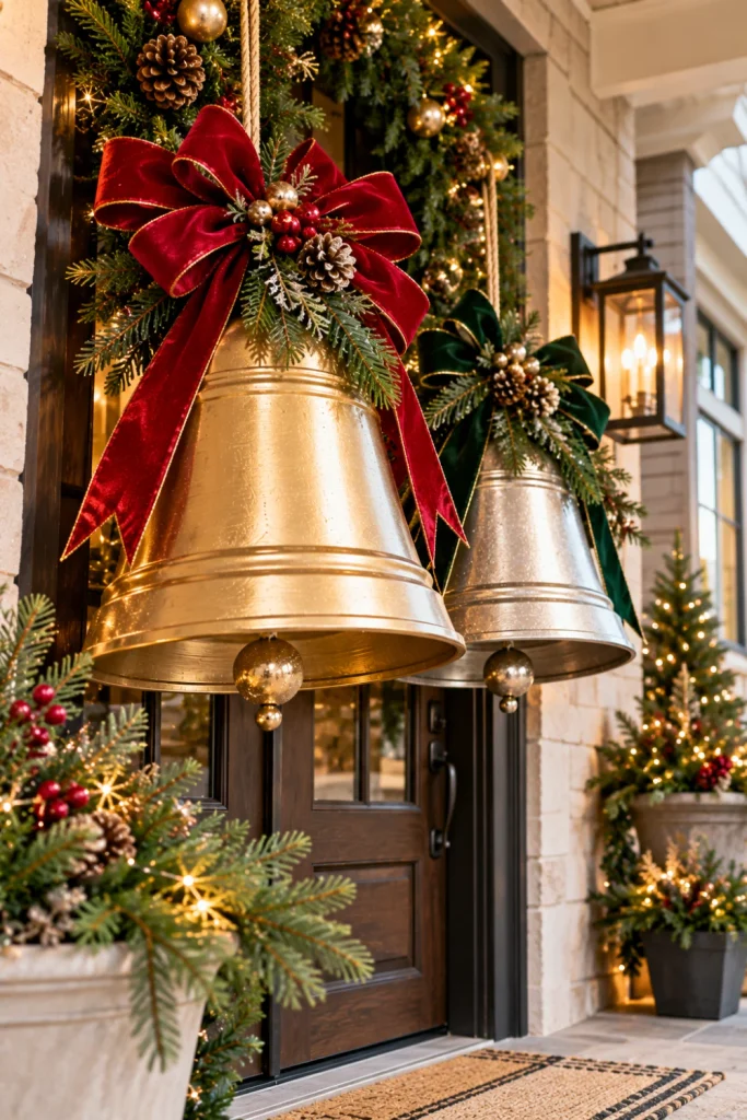 Oversized DIY Christmas bells in gold and ruby red with large festive bows, evergreen wreaths, and elegant modern front porch Christmas decorations.