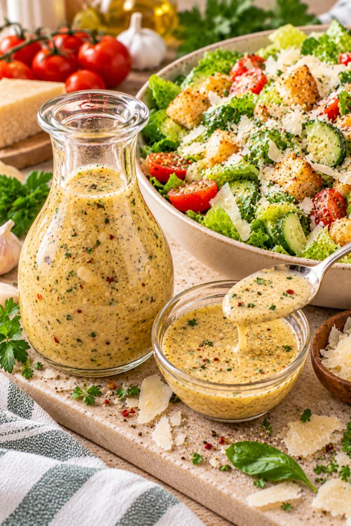  Parmesan Italian Salad Dressing in a clear glass jar beside a colorful Caesar-inspired salad with romaine, tomatoes, cucumber, Parmesan, herbs, and crunchy toppings.