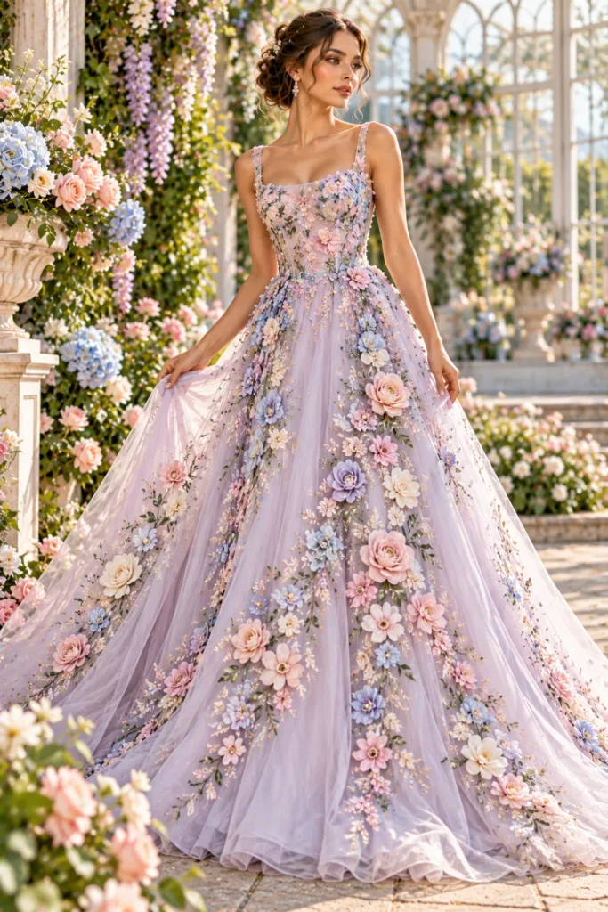 Dreamy pastel floral embroidered gown with lavender, blush pink, powder blue, and ivory flowers on a flowing formal skirt.