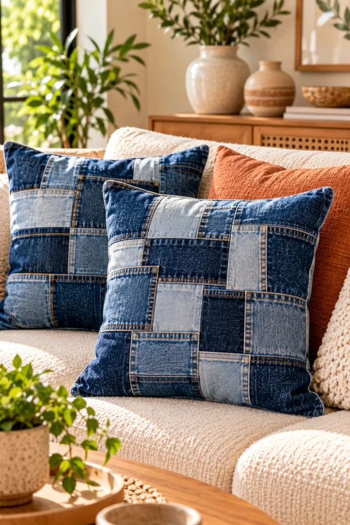 Patchwork denim cushion covers made from old jeans in indigo and faded blue tones, styled on a modern cream sofa for Stylish DIY Projects From Old Jeans.