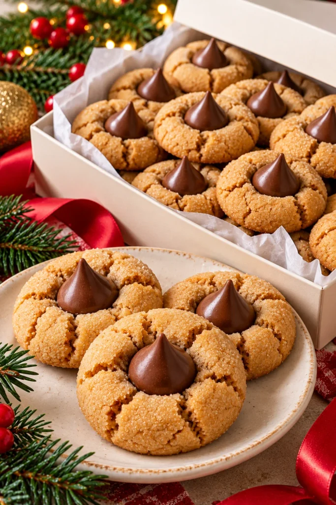 Peanut butter blossom Christmas cookies with golden, lightly crinkled edges and chocolate candy centers, arranged in a parchment-lined holiday gift box.