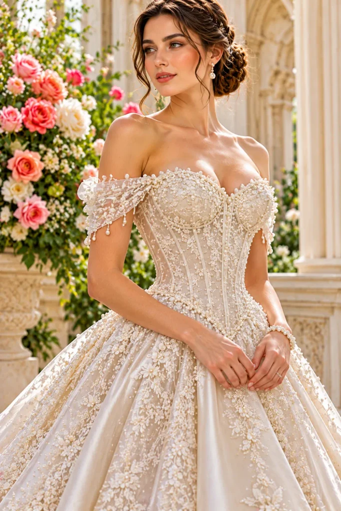 Pearl-embellished vintage ivory wedding dress with a structured corset bodice, delicate floral embroidery, luminous pearl details, and a flowing romantic skirt.