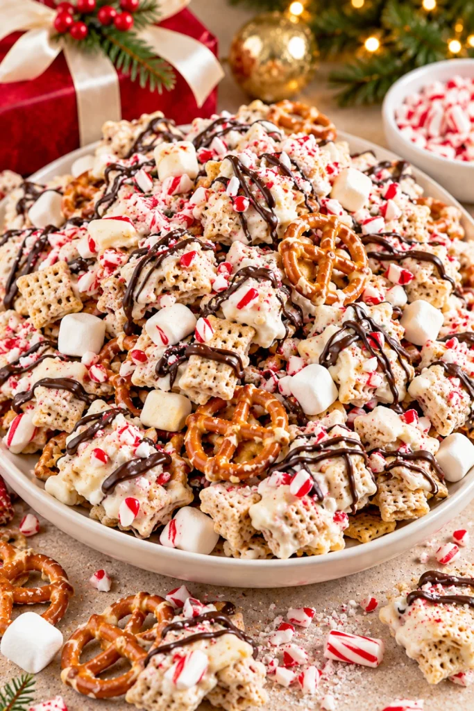 Peppermint bark Christmas snack mix with crispy cereal, mini pretzels, marshmallows, white chocolate, dark chocolate drizzle, and crushed peppermint candy for festive holiday parties, cookie swaps, and edible gifts.