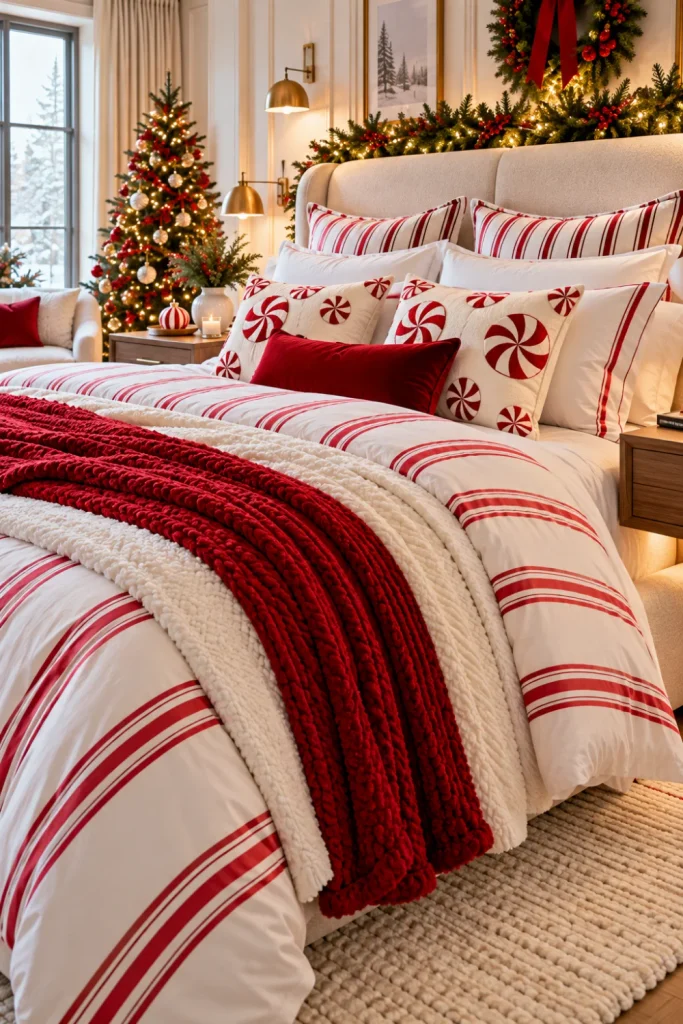 Cozy Christmas bedroom decor ideas for a festive retreat with peppermint-striped duvet bedding, layered quilts, plush red pillows, a knitted white throw, and modern luxury bedroom styling.