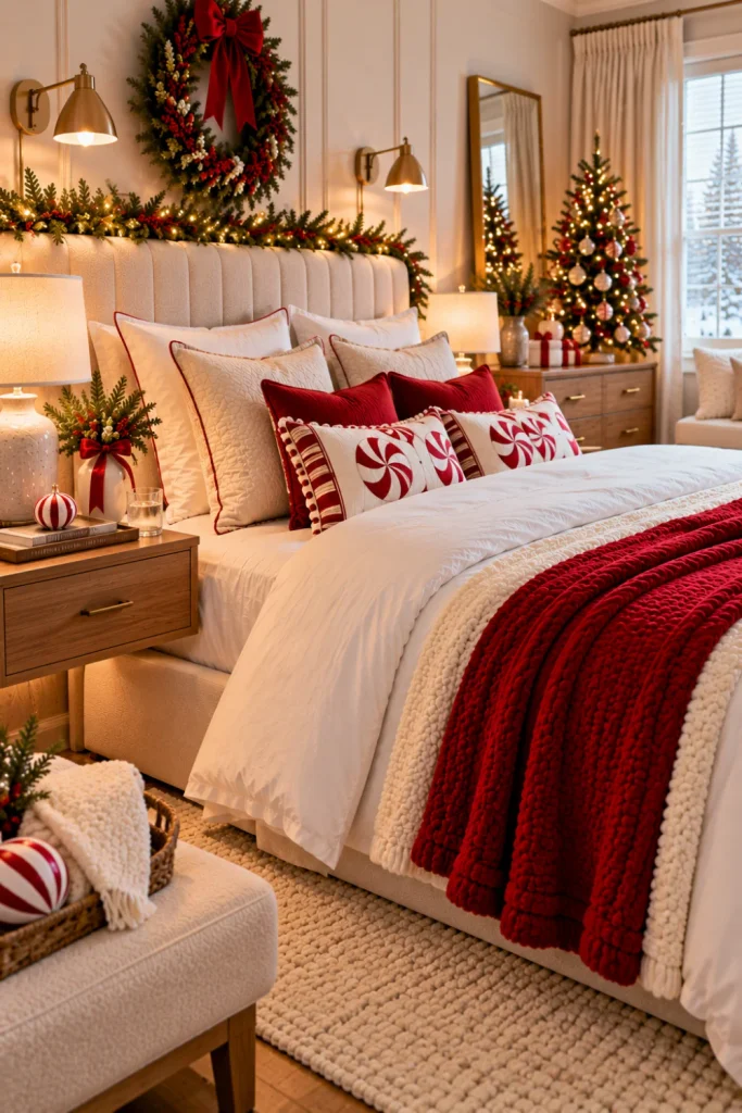 Cozy Christmas bedroom decor ideas for a festive retreat with welcoming guest bedding, peppermint accent pillows, a soft red throw, warm bedside lighting, festive greenery, a modern nightstand, and thoughtful holiday guest-room details.
