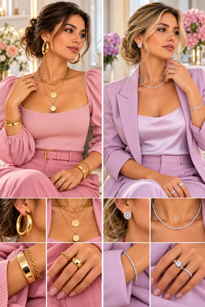 Pink, blush, and pastel outfits styled with gold vs. silver jewelry, featuring delicate gold layered necklaces, gold hoops, fine bracelets, silver crystal studs, dainty necklaces, and minimalist rings.