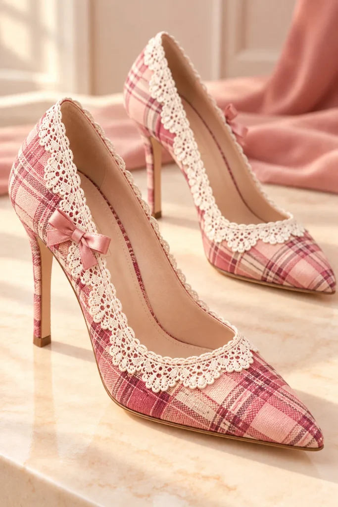 Pink coquette plaid high heels with delicate white scalloped lace edging, blush checks, pointed toes, and romantic vintage-inspired styling.