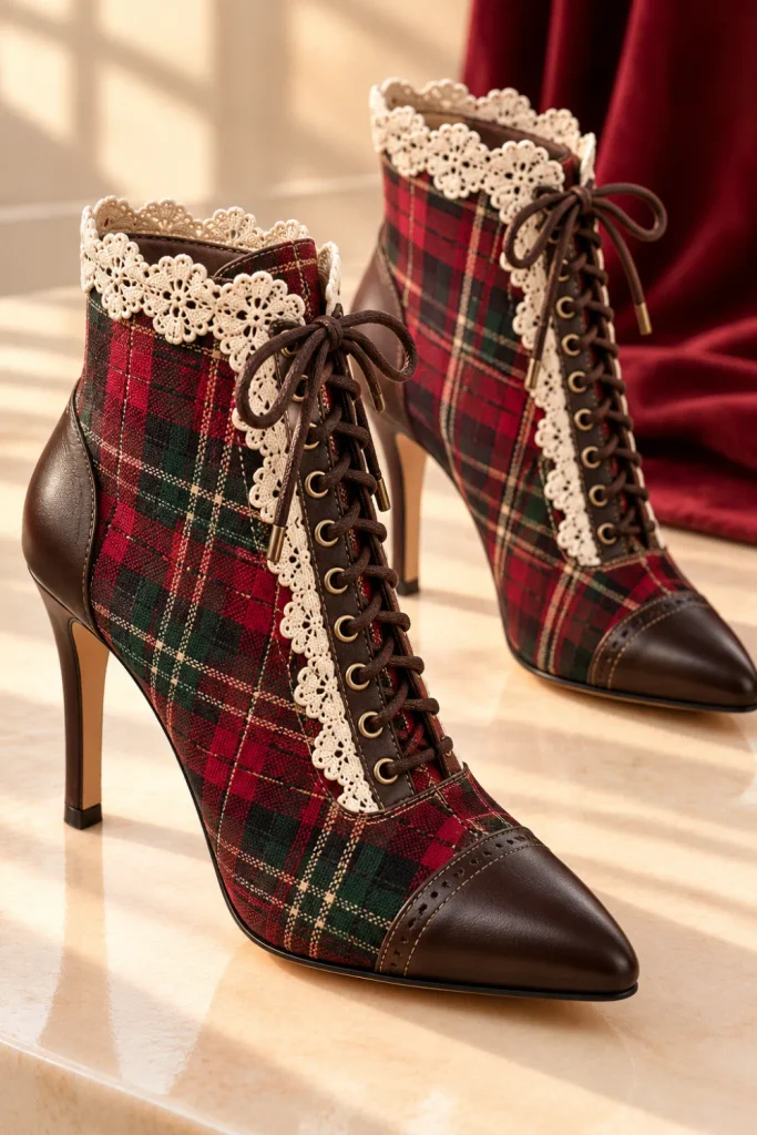 Plaid lace-up high heel ankle boots with visible scalloped lace edging, tailored tartan panels, elegant heels, and modern vintage-inspired styling.