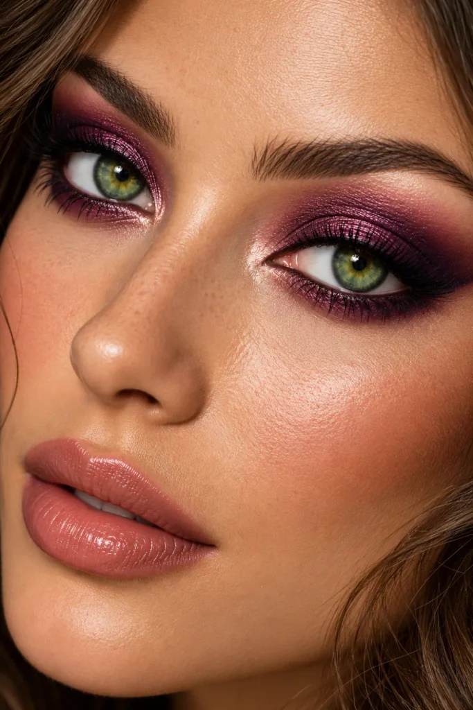 Plum smoky eye makeup for green eyes with rich eggplant eyeshadow, a mauve crease, softly darkened outer corners, and blended smoky eyeliner for elegant evening makeup.
