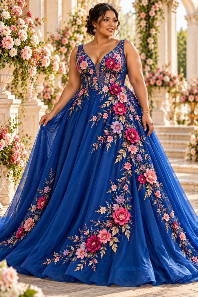 Plus-size sapphire-blue floral embroidered evening gown with vibrant pink and coral flowers, a defined waist, and an elegant flowing A-line skirt.