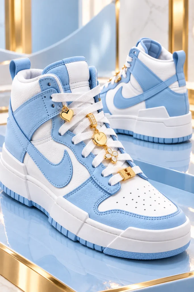 Powder blue and white Nike Dunk High Disrupt sneakers with delicate gold lace charms, chunky white platform soles, pale blue leather overlays, and a fresh minimalist design.