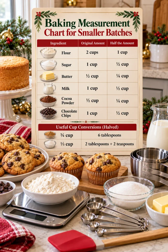 Printable easy recipe conversion chart for halving ingredients for cookies, cakes, and muffins, featuring accurate flour, sugar, butter, and milk measurements with modern baking tools and colorful Christmas baking decorations.
