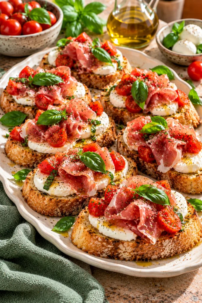 Prosciutto and mozzarella bruschetta with delicate folds of Italian prosciutto, fresh mozzarella, green basil, olive oil, and crispy toasted baguette for an elegant Italian antipasto platter.