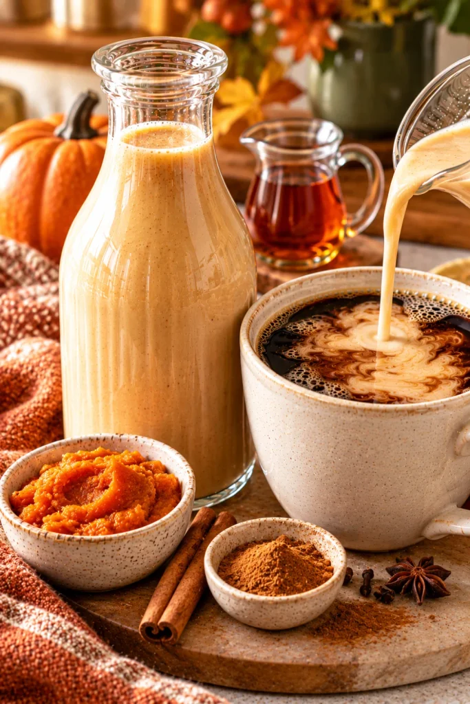 Pumpkin spice homemade coffee creamer beside dark coffee with pumpkin purée, cinnamon, maple syrup, and warm seasonal spices in a modern 2026 setup.