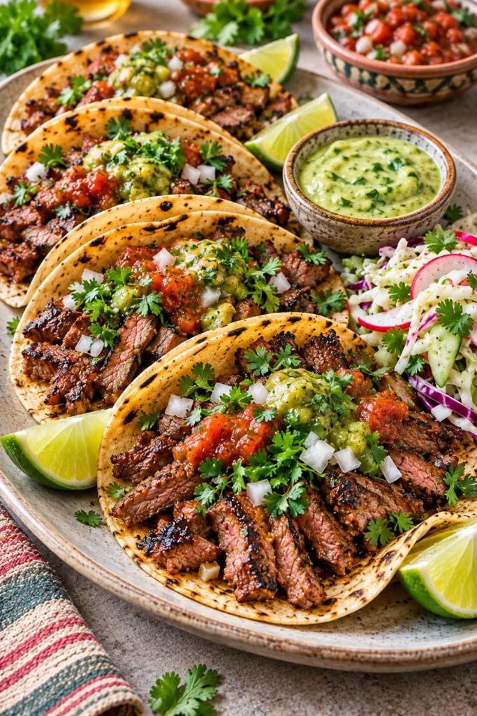 Modern close-up carne asada street tacos with seared sliced beef, onion, cilantro, salsa, and lime on warm tortillas with a fresh salad garnish.