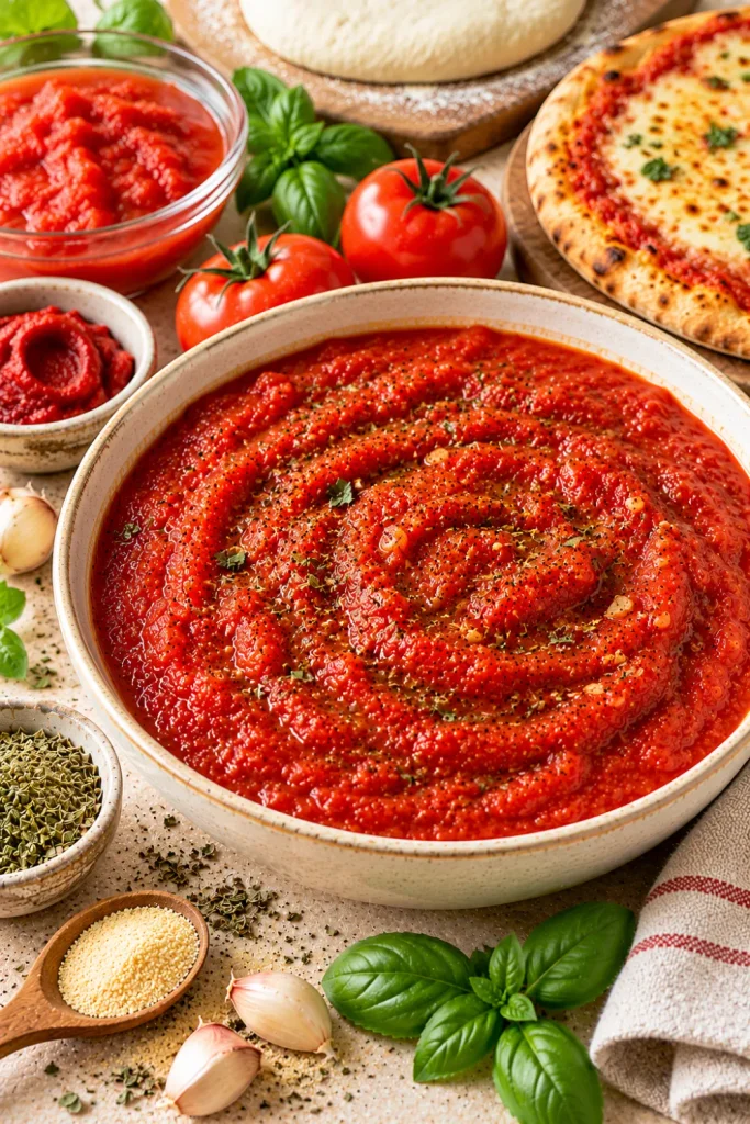 Quick no-cook pizza sauce recipe with crushed tomatoes, tomato paste, garlic powder, dried basil, and oregano for easy homemade pizza on busy weeknights.