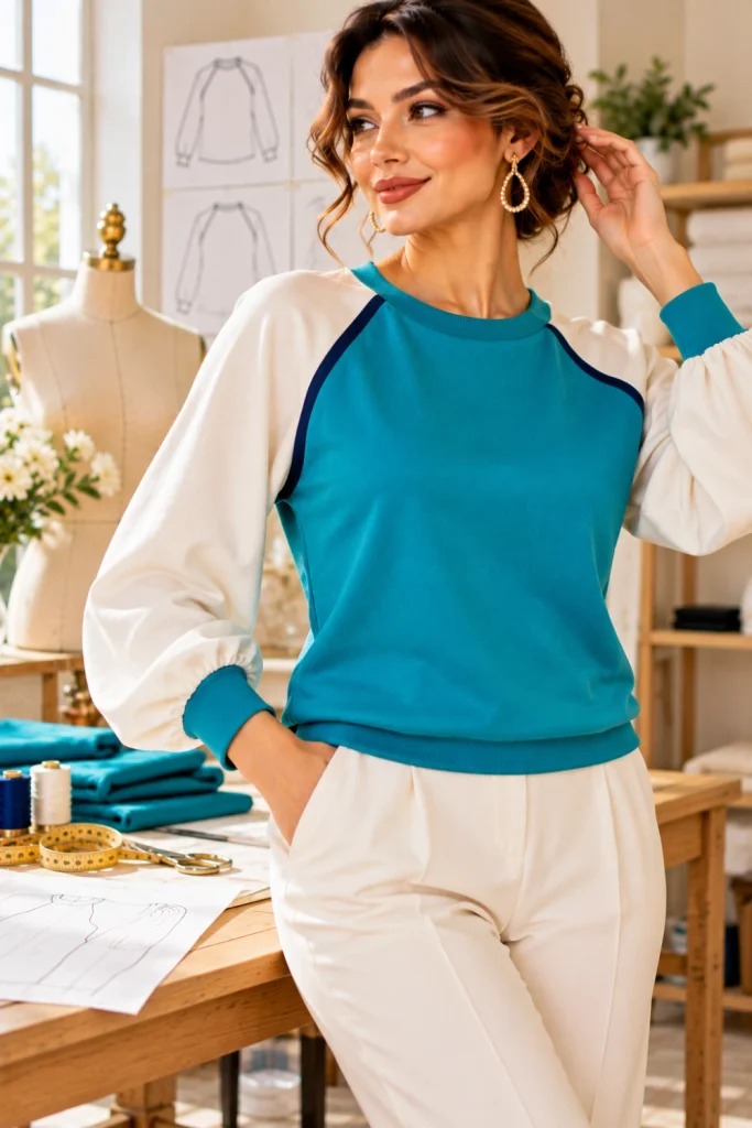 Contemporary teal and ivory raglan-sleeve women's top with diagonal shoulder seams, clean neckline, refined cuffs, and realistic modern sewing details.