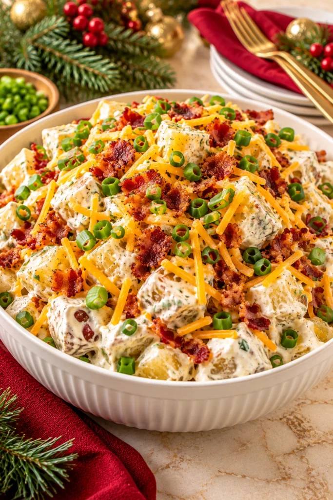Ranch loaded baked potato salad with creamy ranch dressing, crispy bacon, cheddar cheese, tender potatoes, and sliced green onions for potlucks and holiday parties.