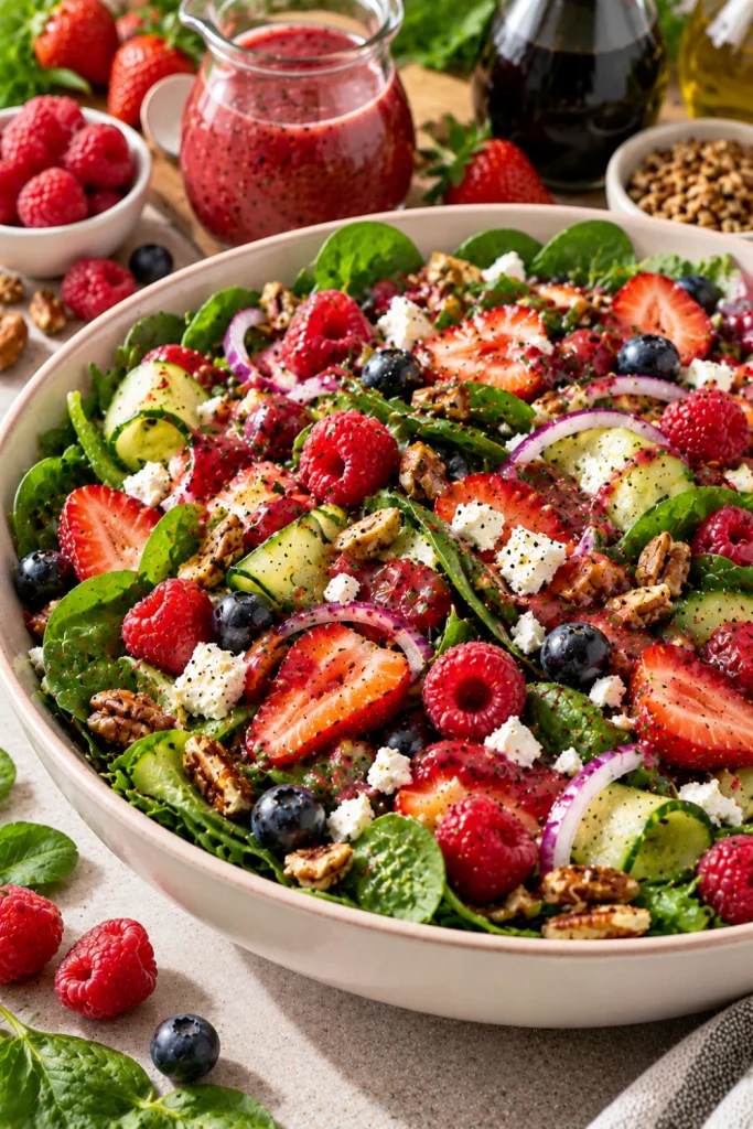  Berry spinach salad with raspberries, strawberries, blueberries, feta, toasted walnuts, cucumber ribbons, red onion, and ruby raspberry balsamic vinaigrette.