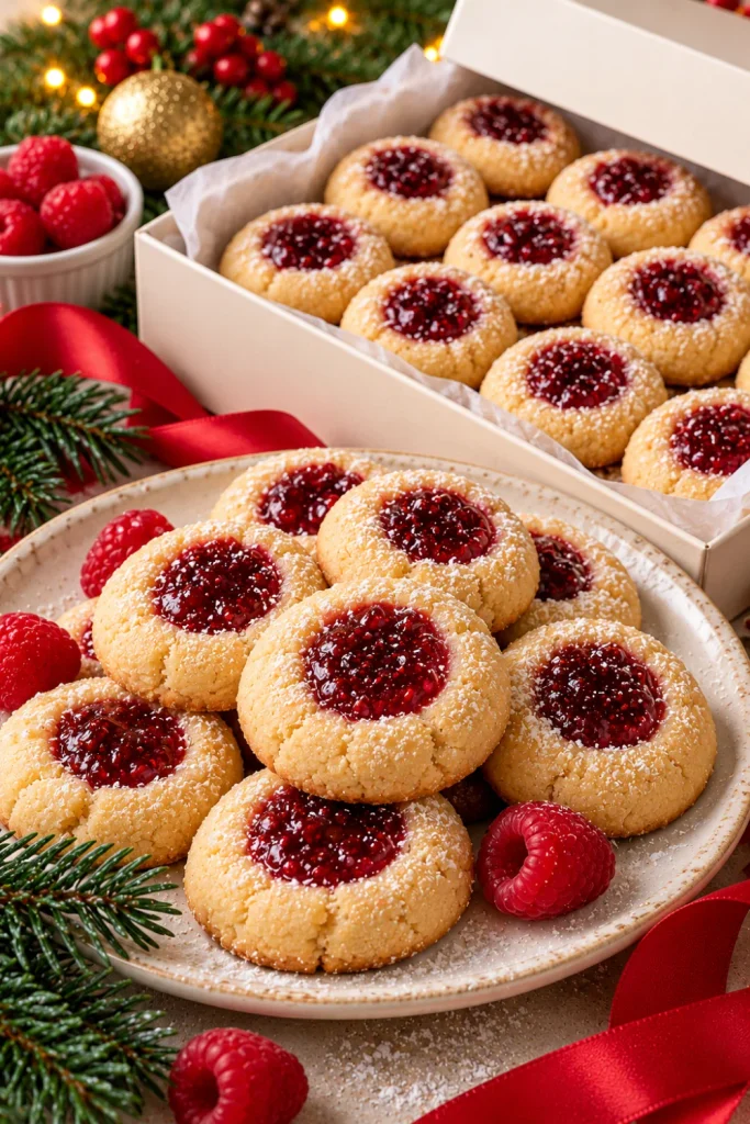 Raspberry jam thumbprint Christmas cookies with buttery golden edges and glossy red jam centers arranged on an ivory platter beside a festive homemade holiday gift box.