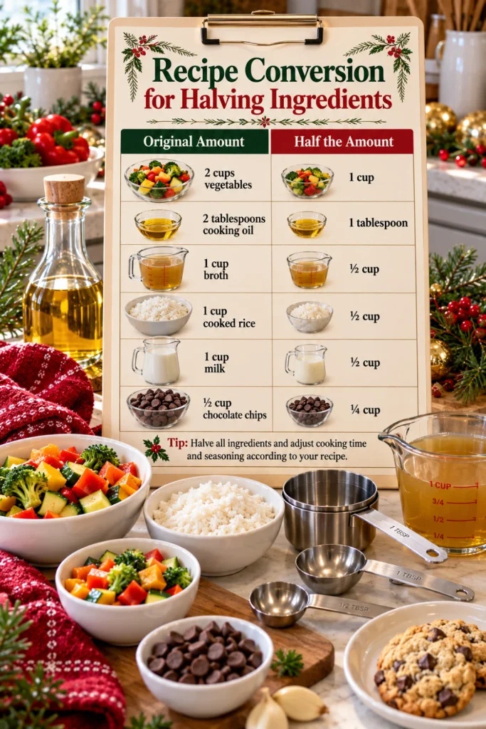 Easy recipe conversion chart for halving ingredients comparing original and reduced measurements for everyday meals and desserts, with rice, vegetables, cooking oil, measuring cups, and festive modern kitchen styling.