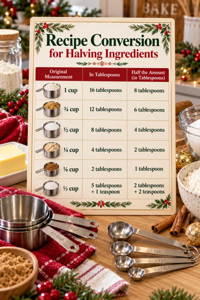 Easy recipe conversion chart for halving ingredients showing cup fractions converted into tablespoons and teaspoons, with modern stainless-steel measuring spoons, ceramic ingredient bowls, and festive red and green Christmas baking decorations.