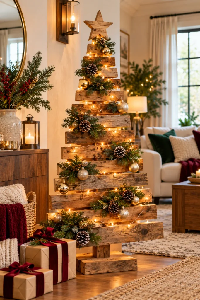 Budget-friendly reclaimed wood Christmas tree made from weathered timber boards, decorated with simple greenery and warm lights in a modern farmhouse living room.