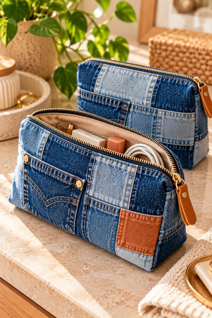 Recycled denim zipper pouch made from old jeans with an indigo finish, contrast stitching, and practical travel organization for stylish DIY projects from old jeans.