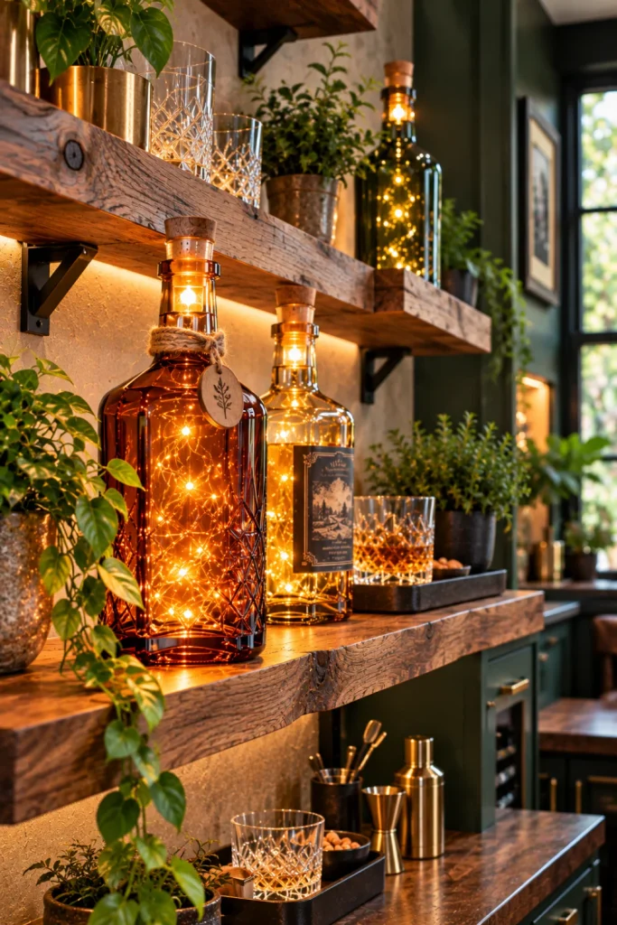 Recycled whiskey bottle lighting ideas for rustic room decor featuring upcycled amber glass bottles with warm LED cork lights, reclaimed wood shelving, and modern rustic styling.