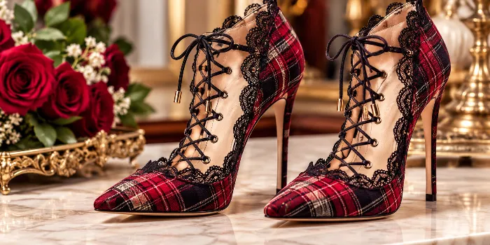 Red and black plaid high heels with elegant black scalloped lace edging, pointed toes, and black lace-up details styled in a luxurious vintage-inspired setting.