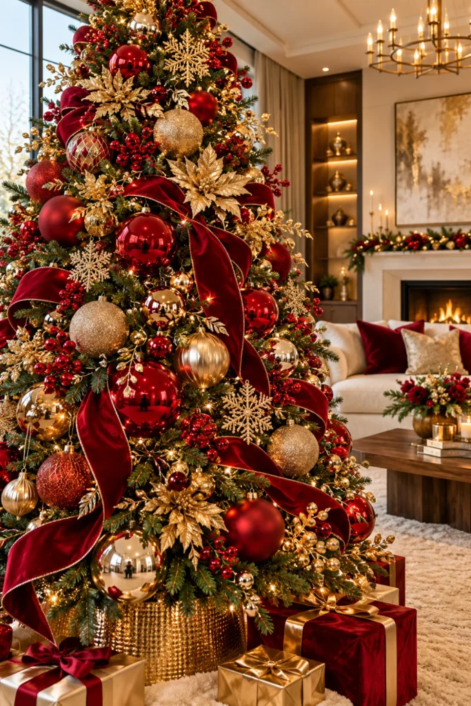 Red and gold Christmas tree ideas for a luxurious look featuring ruby red glass baubles, brushed gold ornaments, velvet ribbon, warm-white lights, and elegant contemporary living room decor with cream furniture and a textured ivory rug