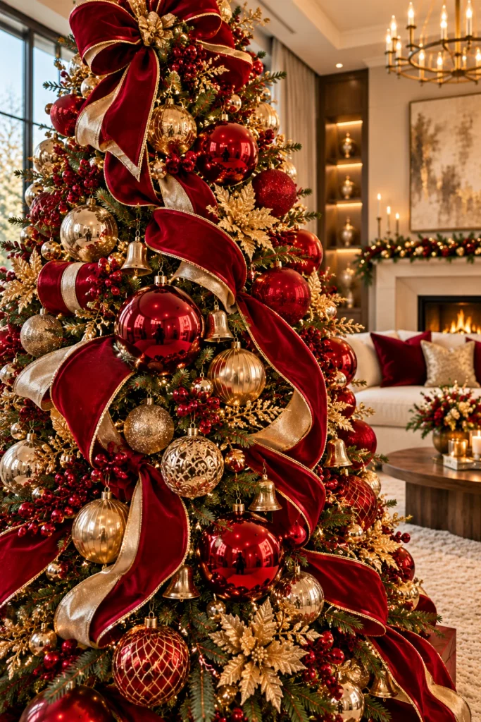 Red and gold Christmas tree ribbon ideas featuring cascading ruby-red velvet ribbon with gold edging, glossy red baubles, brushed gold ornaments, warm LED lights, and a modern elegant living room.