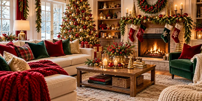 Red, gold, and green Christmas living room ideas for a cozy home, featuring a decorated Christmas tree, glowing fireplace, festive garlands, velvet pillows, gold ornaments, and warm candlelight.