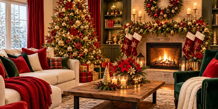 Red, Gold & Green Christmas Living Room Ideas featuring a beautifully decorated Christmas tree, gold ornaments, red accents, lush green garlands, festive stockings, and a cozy fireplace for elegant holiday decorating inspiration.