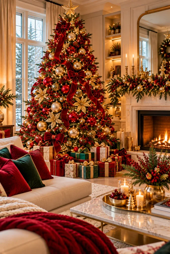 Stunning Christmas living room with a full green tree decorated in red and gold ornaments, elegant ribbon, wrapped gifts, festive garlands, and a modern cream sofa.