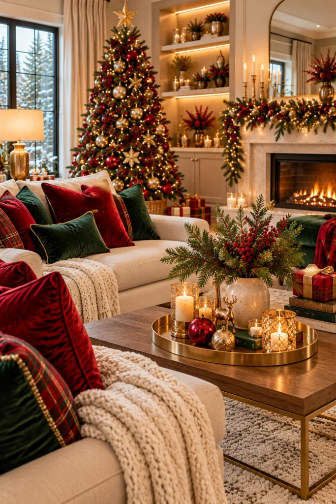 Elegant Christmas living room with red velvet cushions, red-and-green plaid textiles, gold accent decor, a cream sofa, and fresh evergreen branches.