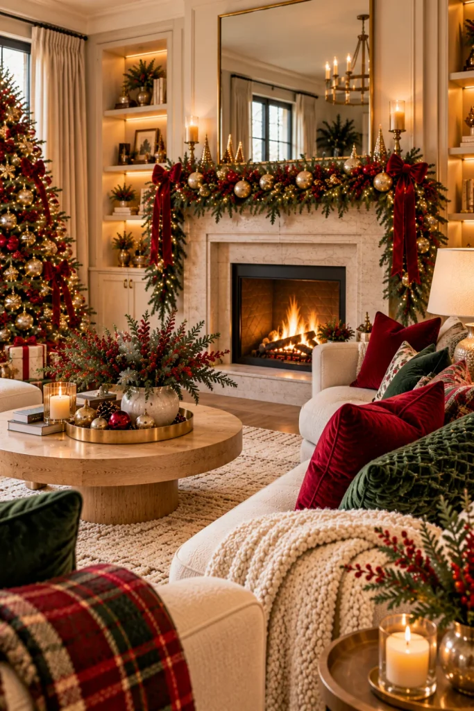 Red, gold, and green Christmas mantel and sofa decorating ideas with an evergreen garland, gold ornaments, red velvet bows, an ivory sofa, emerald cushions, and a warm modern fireplace.