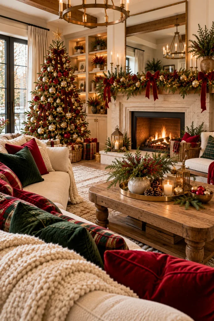 Red, gold, and green Christmas tree decorating ideas in a modern living room with layered ornaments, velvet ribbon, warm fairy lights, a cream sofa, and coordinated festive accessories.